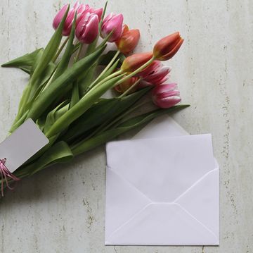 pink tulips, letter and envelope