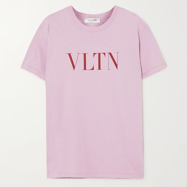 pink cotton tshirrt by valentino with red letter text across the front