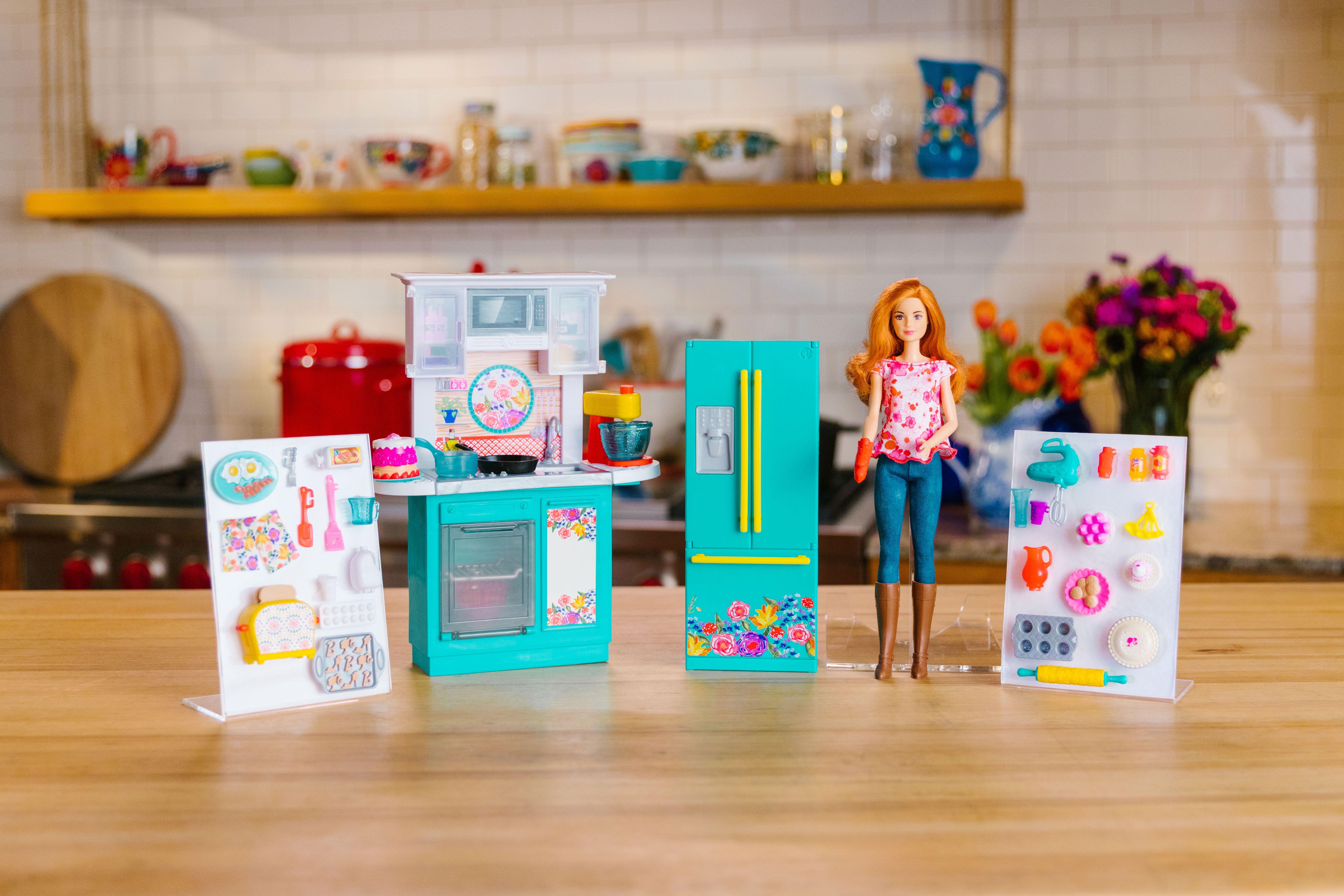 Barbie Pioneer Woman Kitchen Set Teal Flowers Refrigerator Stove and  Accessories