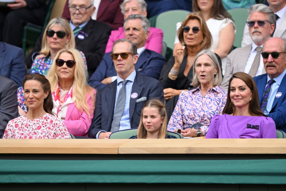 london, england july 14 l r pippa middleton, stefan edberg, princess charlotte of wales, marjory gengler, catherine princess of wales, christopher mcquarrie and stan smith court side of centre court during the mens final on day fourteen of the wimbledon tennis championships at the all england lawn tennis and croquet club on july 14, 2024 in london, england photo by karwai tangwireimage