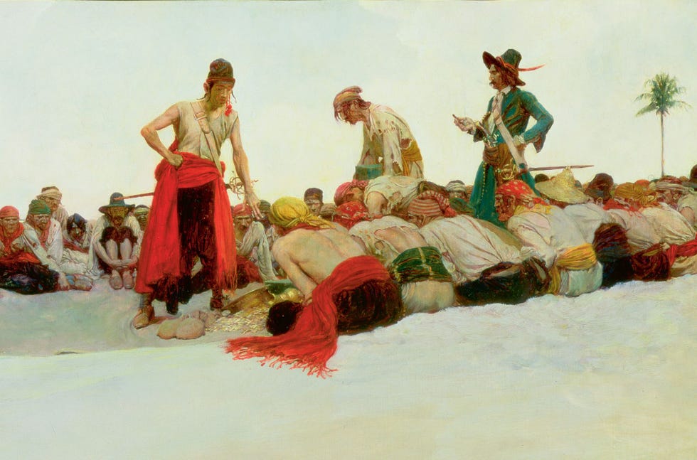 Verdeling van de buitDe eigen illustraties van Howard Pyle voor zijn piratenboekThe Fate of a TreasureTown1905 zijn doordrenkt met couleur locale romantiek en avontuur