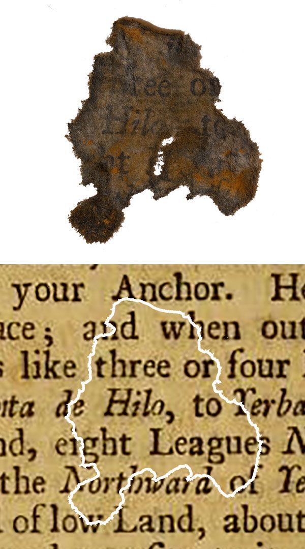 Een snipper papier die op het schip de Queen Annes Revenge van Blackbeard werd gevonden vergeleken met het boek waaruit het afkomstig bleek te zijn