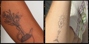 tattoo of flowers in a vase, tattoo of the skeleton of a mermaid holding the sun
