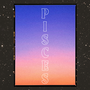 the word pisces on a rainbow background over a dark starry sky