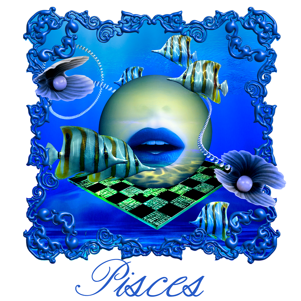 the word pisces under a planet and fish