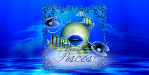 the word pisces under a planet and fish