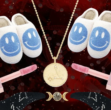 gifts including slippers, a pillow, lipl gloss, and jewelry across a colorful background