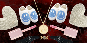 gifts including slippers, a pillow, lipl gloss, and jewelry across a colorful background