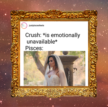 a pisces meme reading "crush is emotionally unavailable pisces" with a photo of demi lovato in a wedding dress