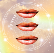 three lips smile over a cloudy rainbow sky with the word "pisces" in white letters near them