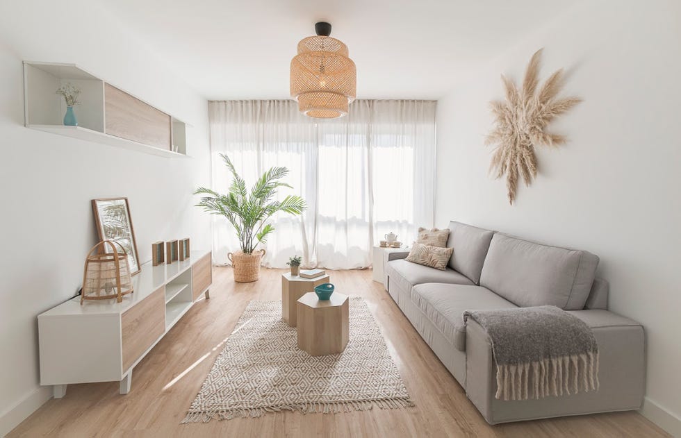salón de estilo nórdico y boho