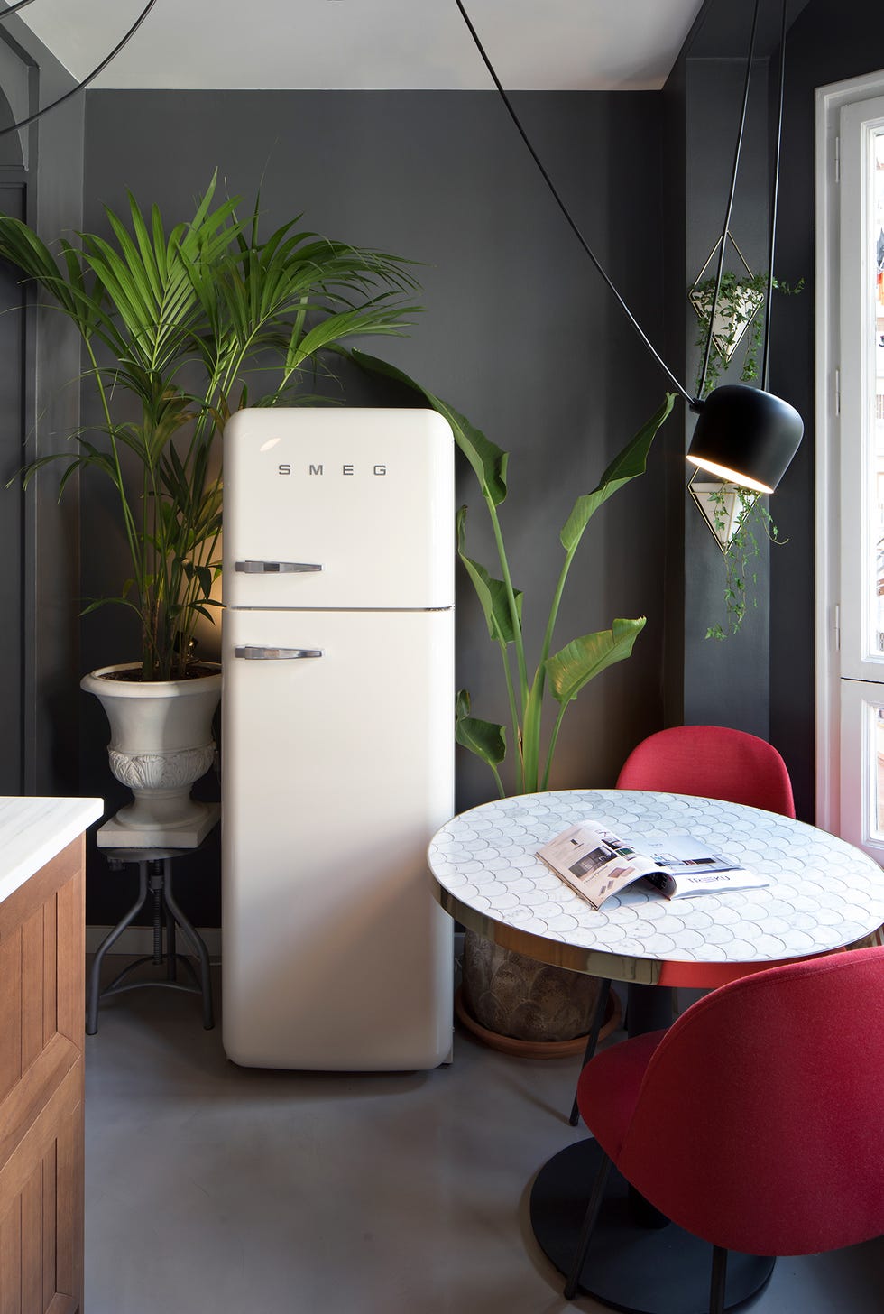 nevera de smeg en color beige rodeada de plantas