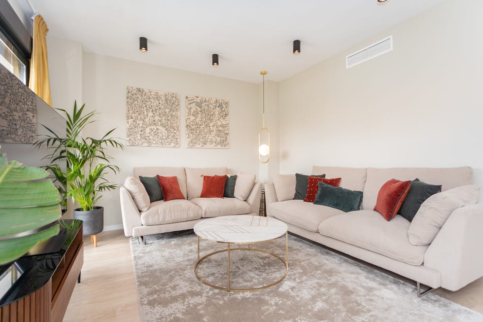 salón con dos sofás beige