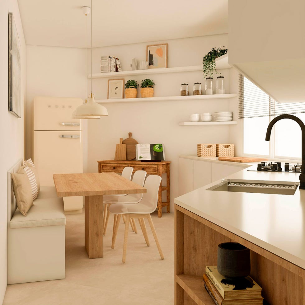 cocina en blanco y madera con office