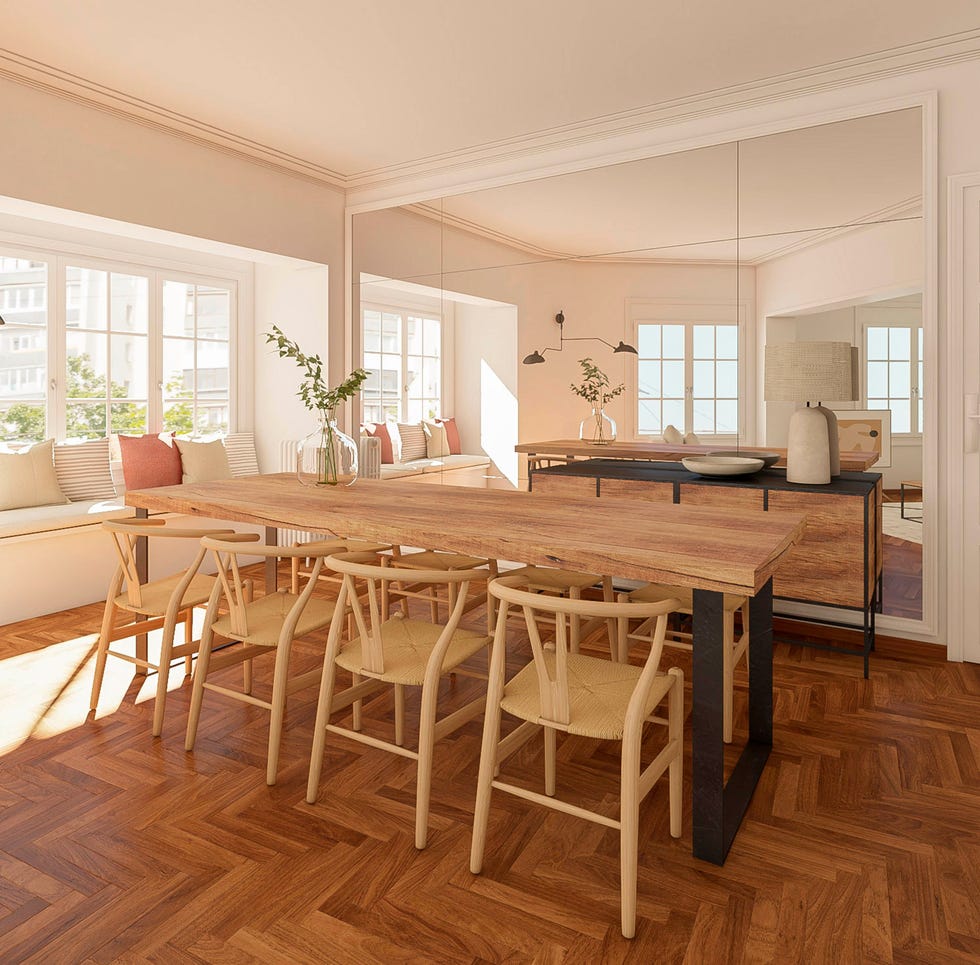 mesa de comedor de madera y sillas wishbone