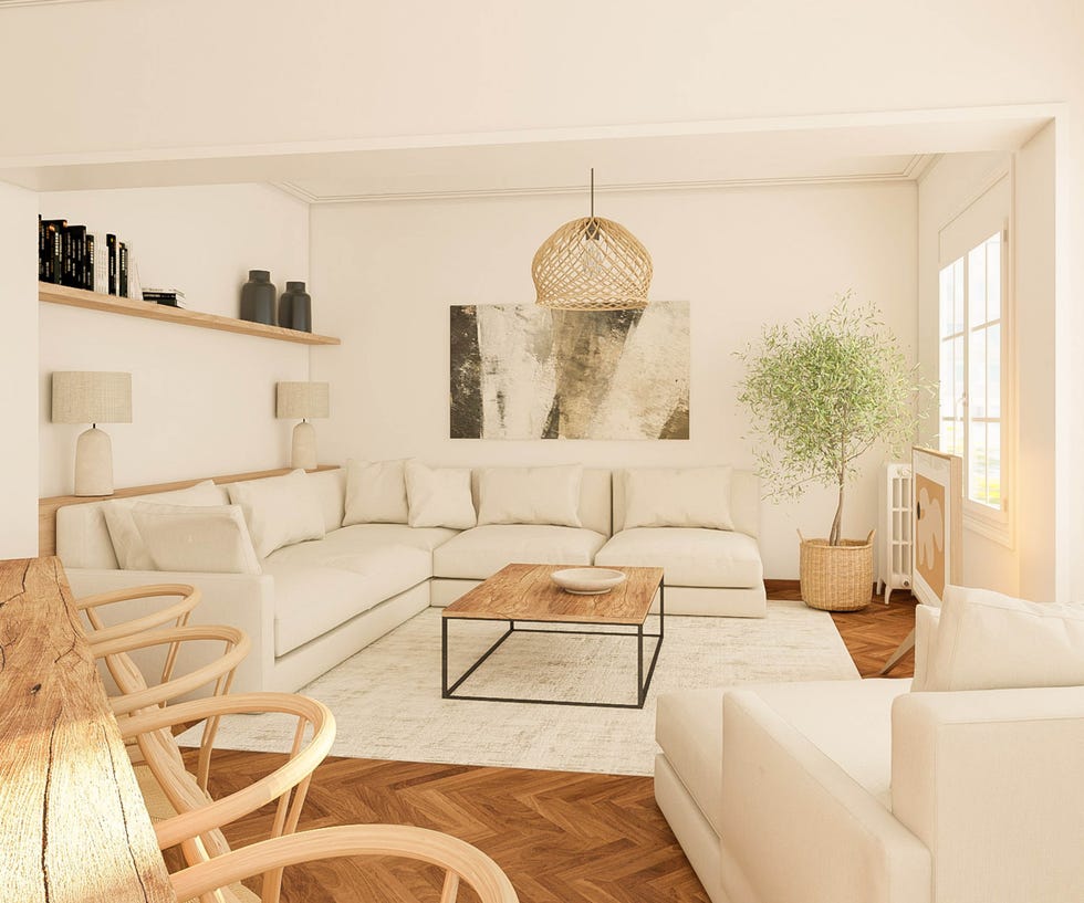 salón comedor en tonos neutros como sofá rinconera y mesa de centro de madera