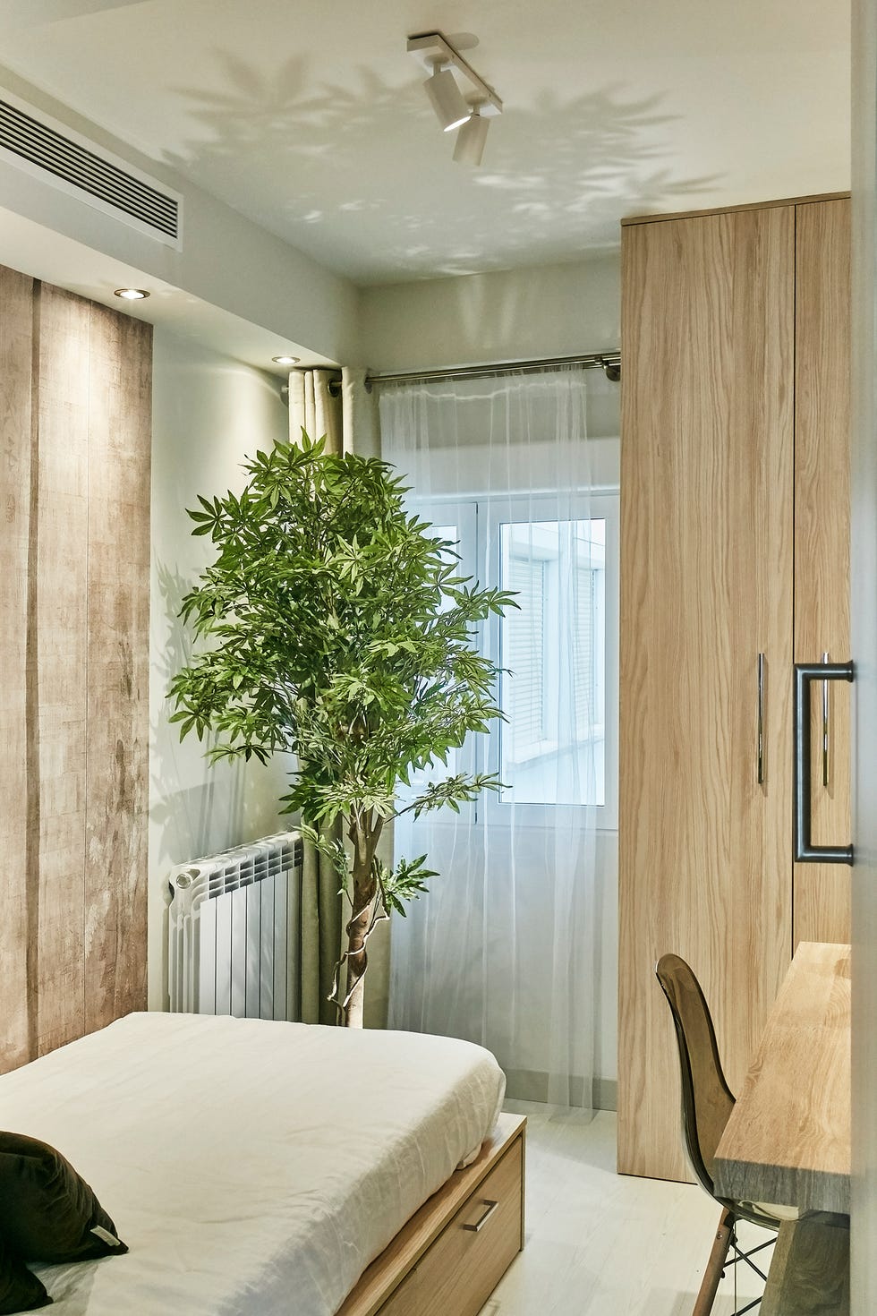 habitación individual con muebles de madera, escritorio y árbol
