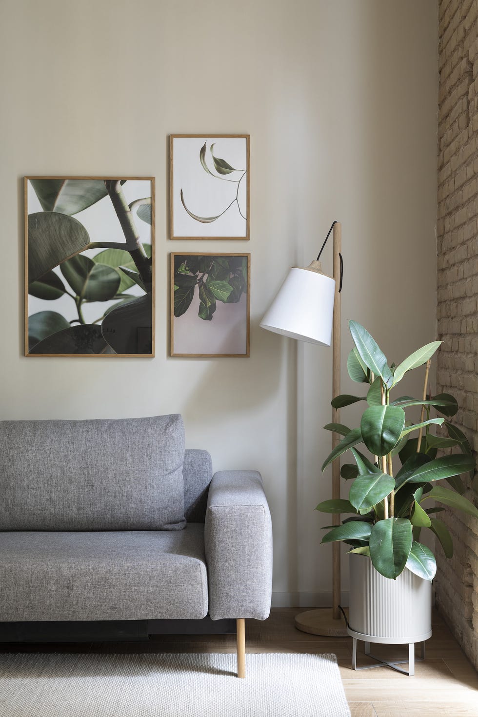 sofá gris moderno, lámpara de pie con base de madera y láminas botánicas en la pared