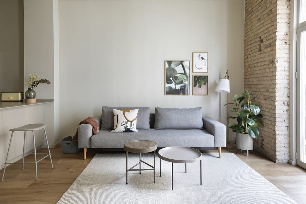 salón con sofá gris moderno y techo alto abovedado