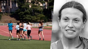 a man's face on a field with people running in the background