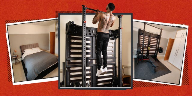 workout area with a pullup bar exercise bench and a modern bedroom