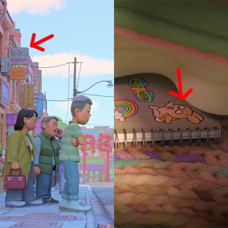 a bao restaurant and a burrow sticker are pixar easter eggs in turning red