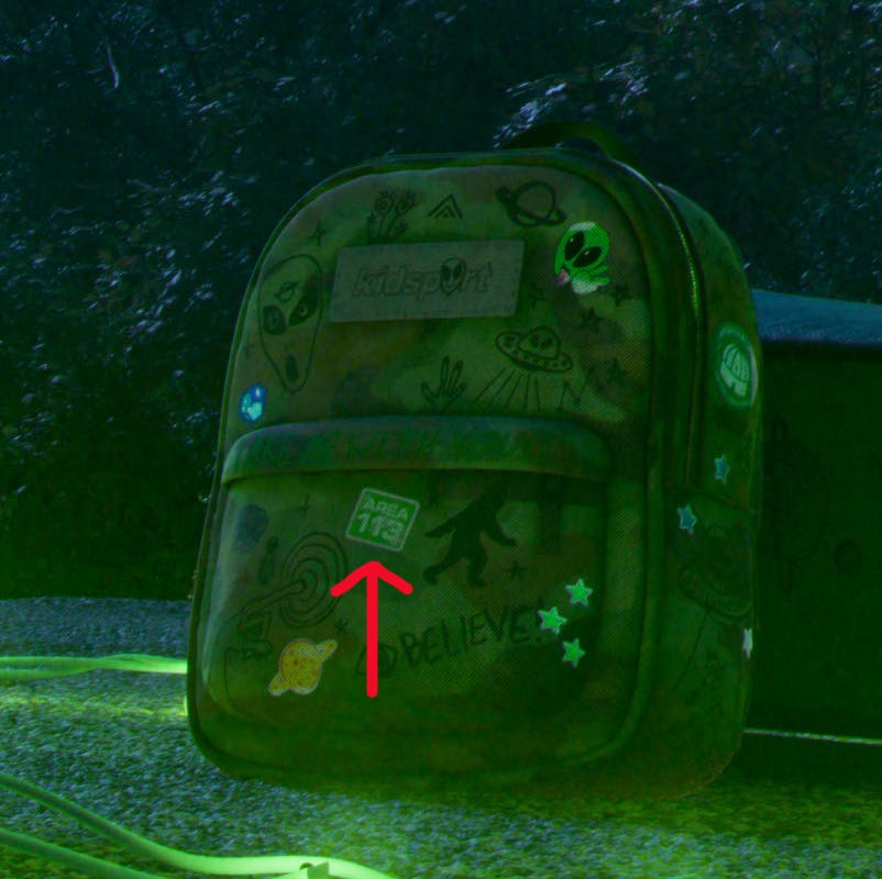 elio's backpack is full of patches and drawings