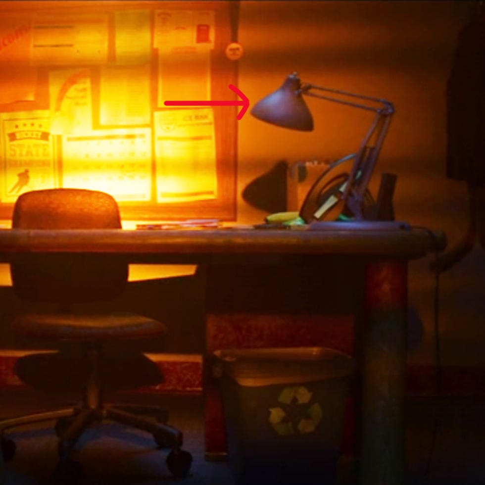 a desk with a luxo lamp