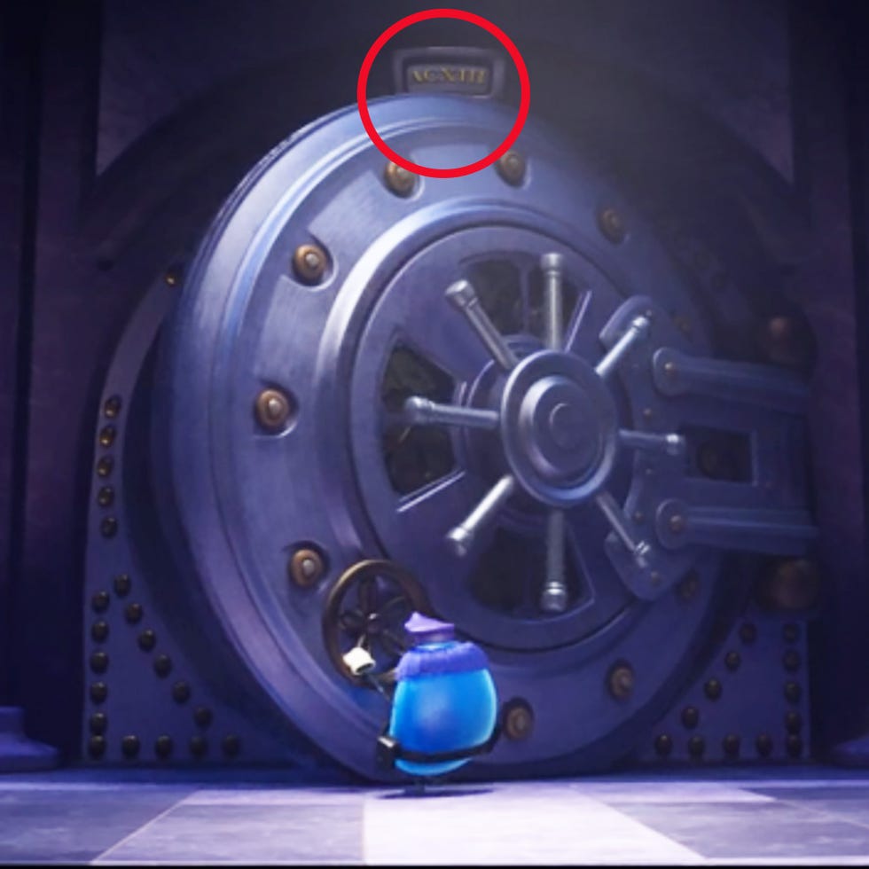 a character interacting with a large vault door