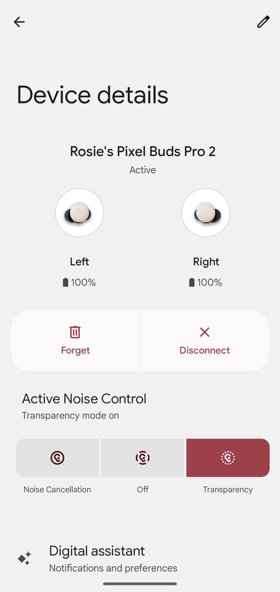 device details for pixel buds pro 2 showing battery status and control options