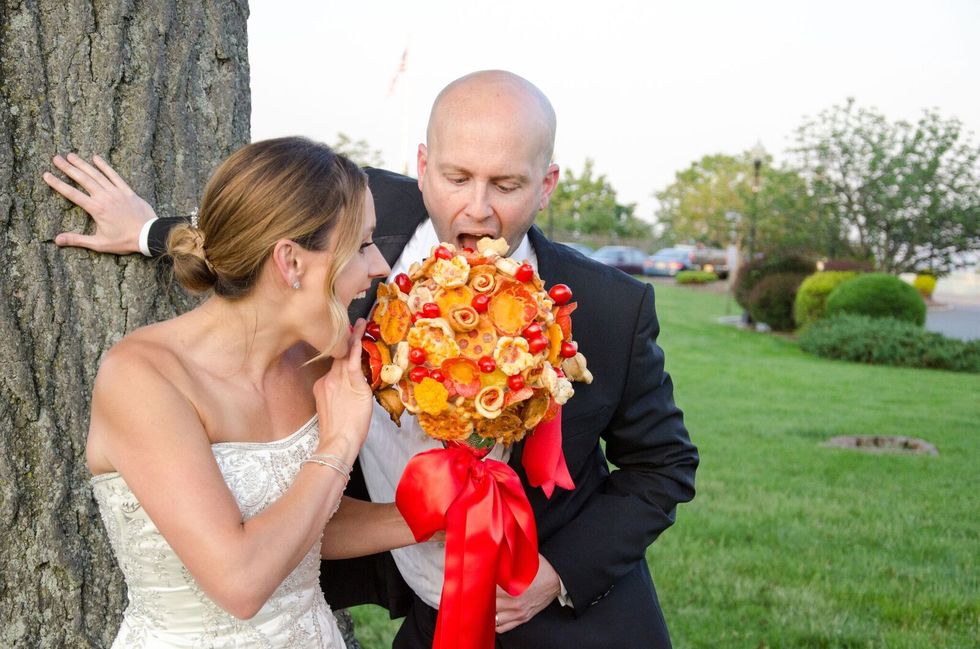 Photograph, Bride, Facial expression, Orange, Ceremony, Red, Dress, Bouquet, Wedding dress, Wedding, 