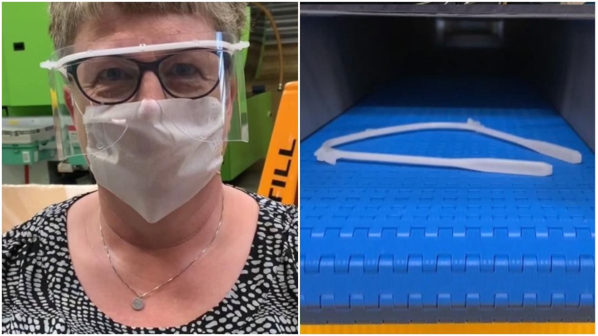Woman with face shield and part of face shield in production factory