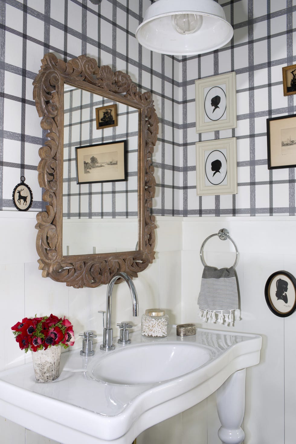 black and white bathroom with plaid wallpaper