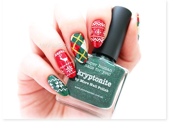 ugly sweater plaid christmas nail art