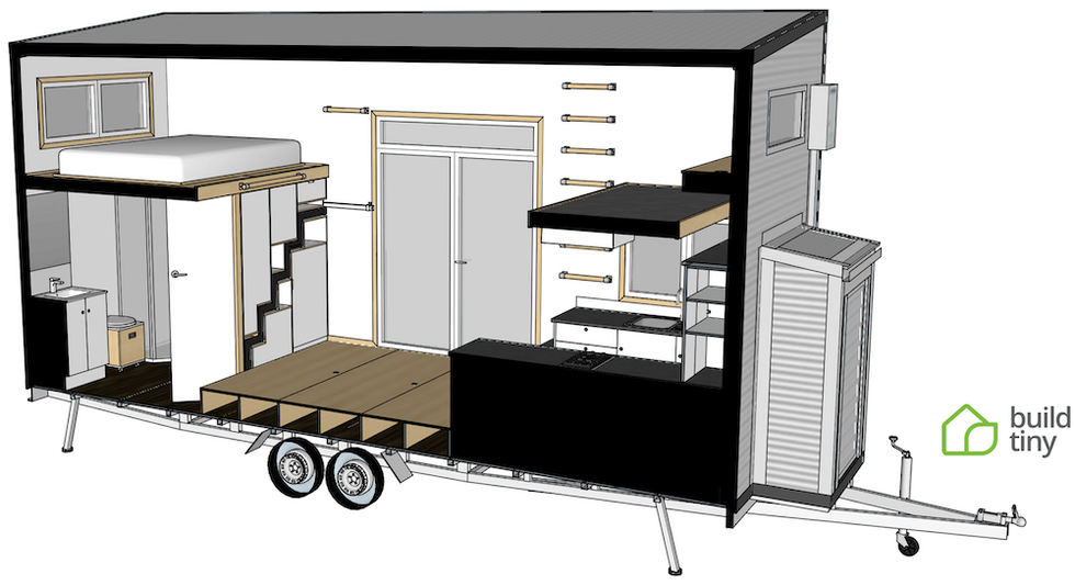 casa móvil tawharau para millennials de build tiny, plano con distribución loft
