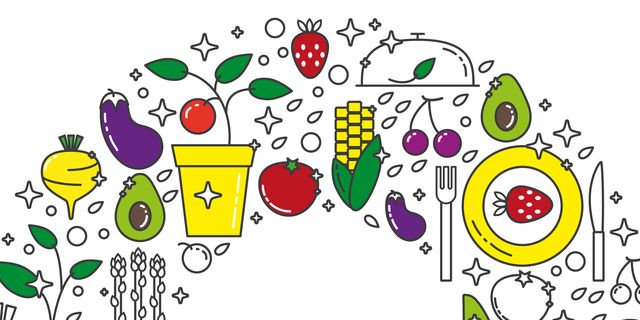 Plant-based food linear concept in circle with thin line icons in bright colors on white background, template with space for text.