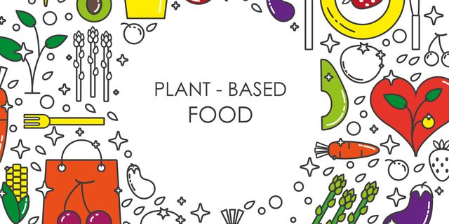 Plant-based food linear concept in circle with thin line icons in bright colors on white background, template with space for text.