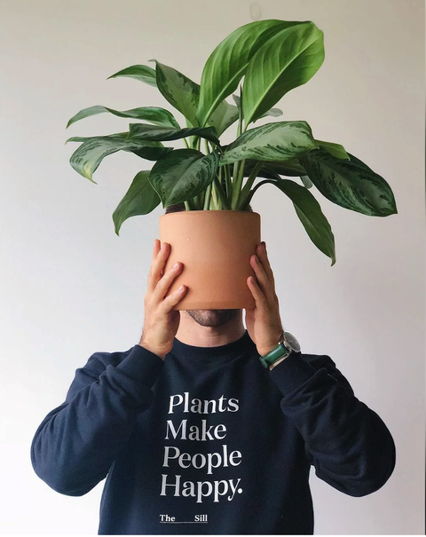 Man holding a plant in front of his face