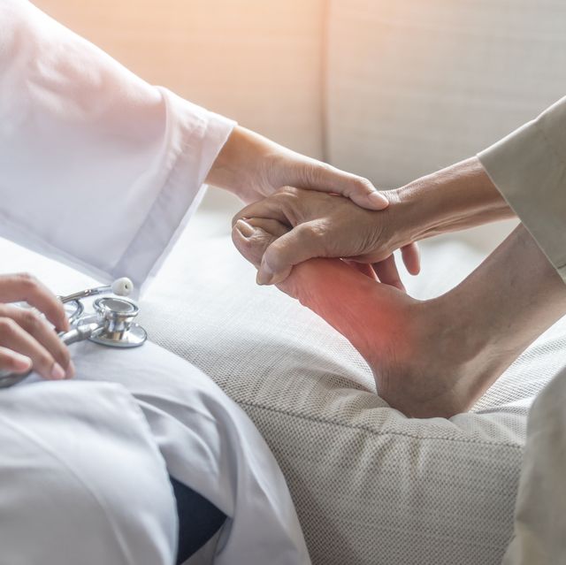 Plantar Fasciitis or heel pain illness in feet of woman patient who having medical exam with orthopaedic doctor on aching tendon, inflammation or disorder of the connective tissue on foot and toe