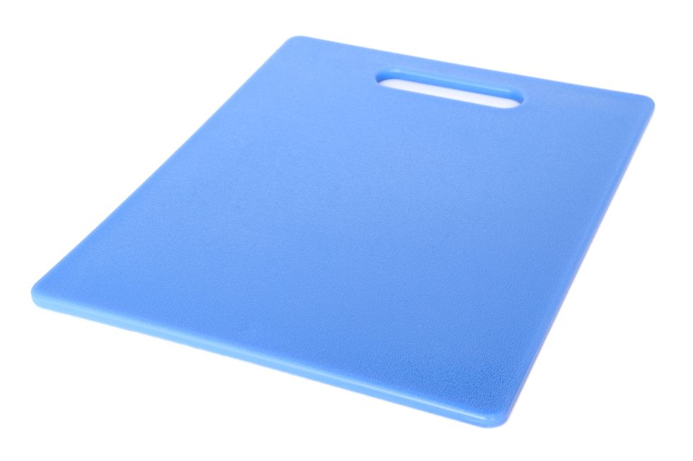 plastic blue cutting board on white