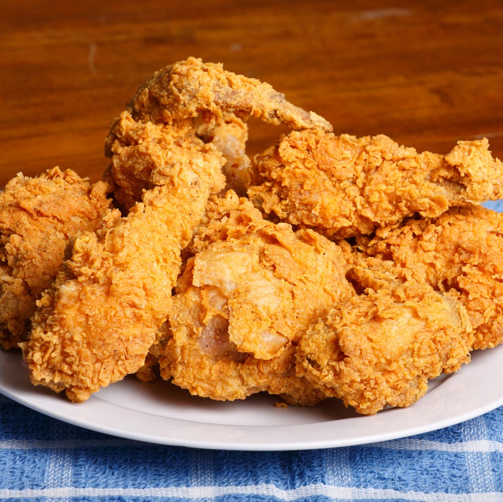 Plate of Fried Chicken on Blue Plaid Towel Plate of Fried Chicken on Blue Plaid Towel
