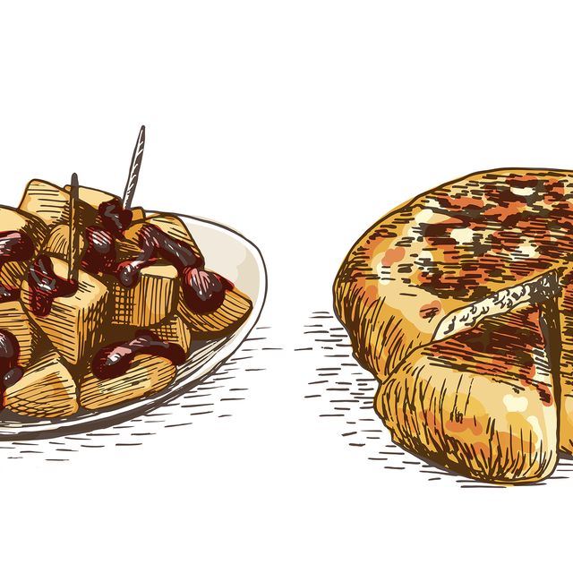 una ilustración de unas bravas y de una tortilla de patatas, platos típicos de madrid