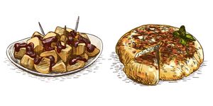 una ilustración de unas bravas y de una tortilla de patatas, platos típicos de madrid