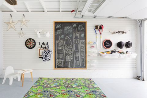 crafting corner a converted garage by lhdesigns has a wall storage system for activities and toys
