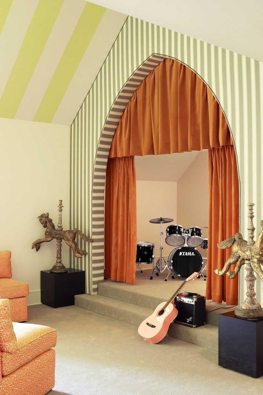 kids playroom with stage and band