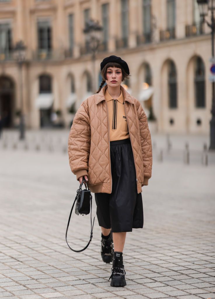 paris, france   october 02 lea naumann wearing a miu miu look and a lady dior bag on october 02, 2021 in paris, france photo by jeremy moellergetty images