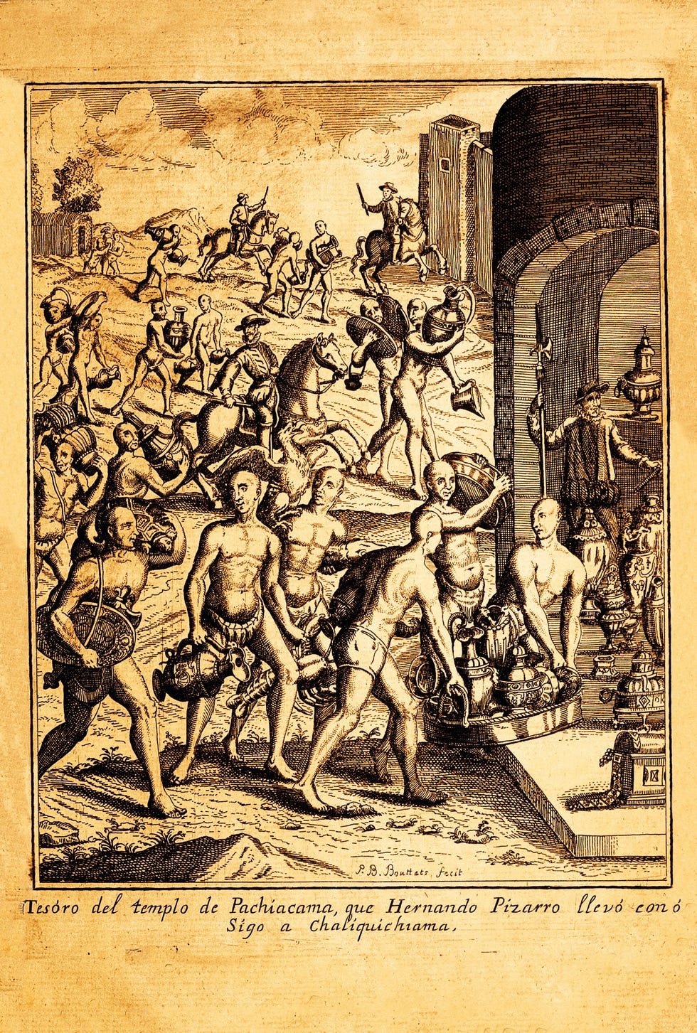 Hernando Pizarro houdt toezicht op de overdracht van de schatten uit de tempel van Pachacamac