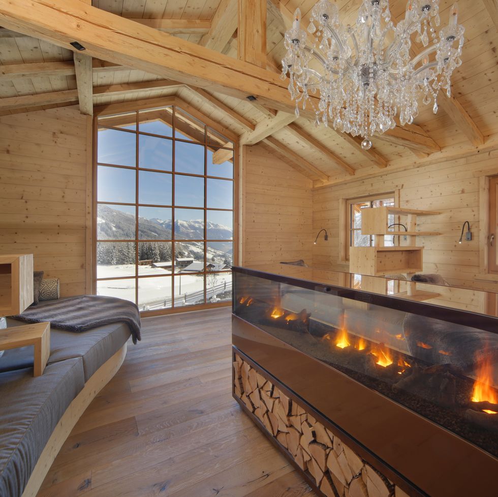 a bedroom with a fireplace