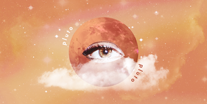 an eye is placed over a planet with the words "pluto" surrounding the planet the background is an orange starry sky