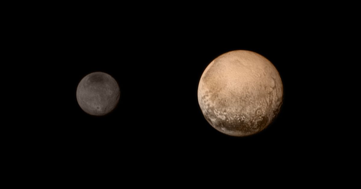 in space   july 11  in this handout provided by the national aeronautics and space administration nasa, the dwarf planet pluto r and charon are shown july 11, 2015 nasas new horizons spacecraft is nearing its july 14 flyby when it will close to a distance of about 7,800 miles 12,500 kilometers the 1,050 pound piano sized probe, which was launched january 19, 2006 aboard an atlas v rocket from cape canaveral, florida, is traveling 30,800 mph as it approaches  photo by nasajhuaplswri via getty images